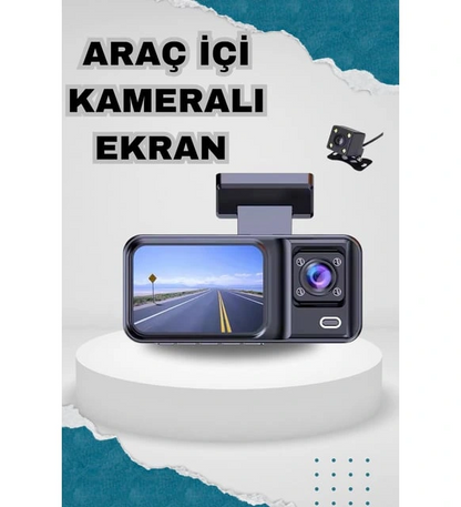Araç Kamerası - 3 Kameralı Wifi Ön, İç Ve Arka Full Hd Dvr Araç İçi Ekranlı Kamera