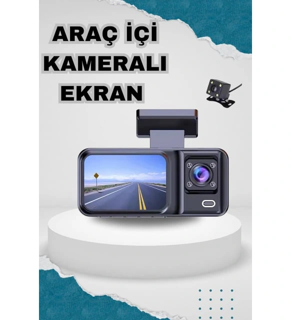 Araç Kamerası - 3 Kameralı Wifi Ön, İç Ve Arka Full Hd Dvr Araç İçi Ekranlı Kamera