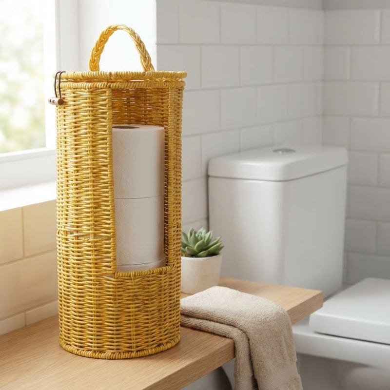 Askılı Plastik Rattan Tuvalet Kâğıdı Standı – Hasır Görünümlü, Kapaklı, Yedekli WC Kâğıtlık, Banyo ve Tuvalet İçin Dekoratif Organizer (5643)