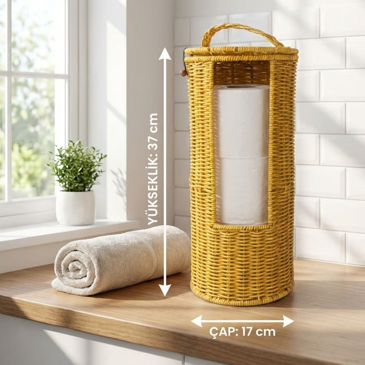 Askılı Plastik Rattan Tuvalet Kâğıdı Standı – Hasır Görünümlü, Kapaklı, Yedekli WC Kâğıtlık, Banyo ve Tuvalet İçin Dekoratif Organizer (5643)