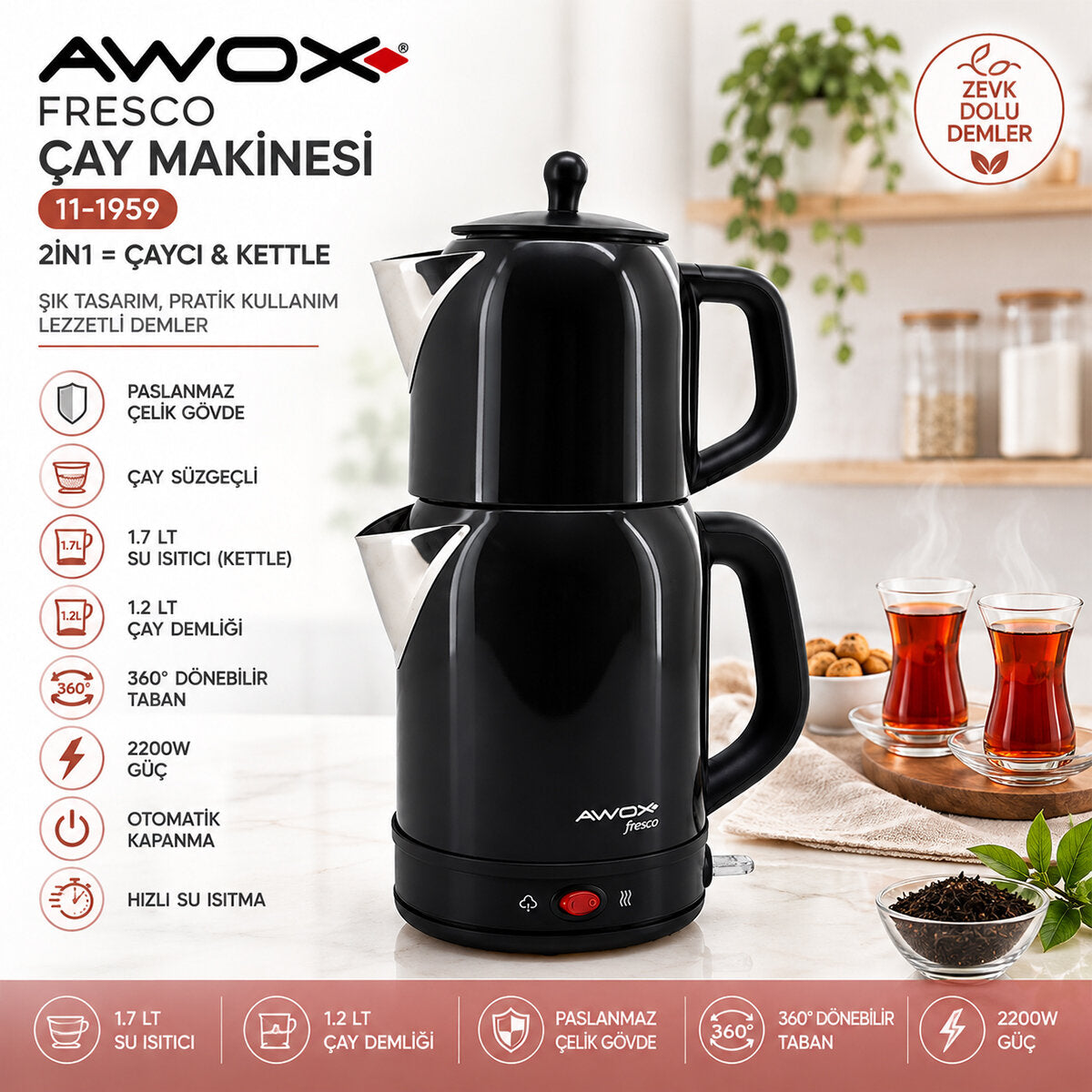AWOX FRESCO SİYAH ELEKTRİKLİ ÇAY MAKİNESİ ÇAYCI SET 1.7LT SU ISITICI + 1.2LT DEMLİK PASLANMAZ ÇELİK GÖVDE 2200W (5643)