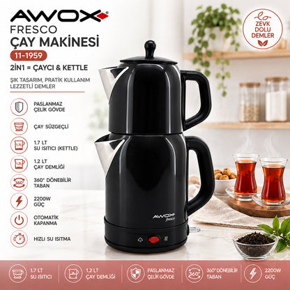 AWOX FRESCO SİYAH ELEKTRİKLİ ÇAY MAKİNESİ ÇAYCI SET 1.7LT SU ISITICI + 1.2LT DEMLİK PASLANMAZ ÇELİK GÖVDE 2200W (5643)