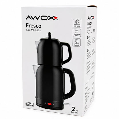 AWOX FRESCO SİYAH ELEKTRİKLİ ÇAY MAKİNESİ ÇAYCI SET 1.7LT SU ISITICI + 1.2LT DEMLİK PASLANMAZ ÇELİK GÖVDE 2200W (5643)