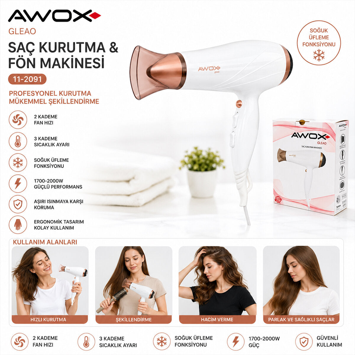 AWOX GLEAO BEYAZ SAÇ KURUTMA - FÖN MAKİNESİ SOĞUK ÜFLEME 2 KADEME FAN - 3 KADEME SICAKLIK 1700-2000W (5643)