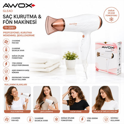 AWOX GLEAO BEYAZ SAÇ KURUTMA - FÖN MAKİNESİ SOĞUK ÜFLEME 2 KADEME FAN - 3 KADEME SICAKLIK 1700-2000W (5643)