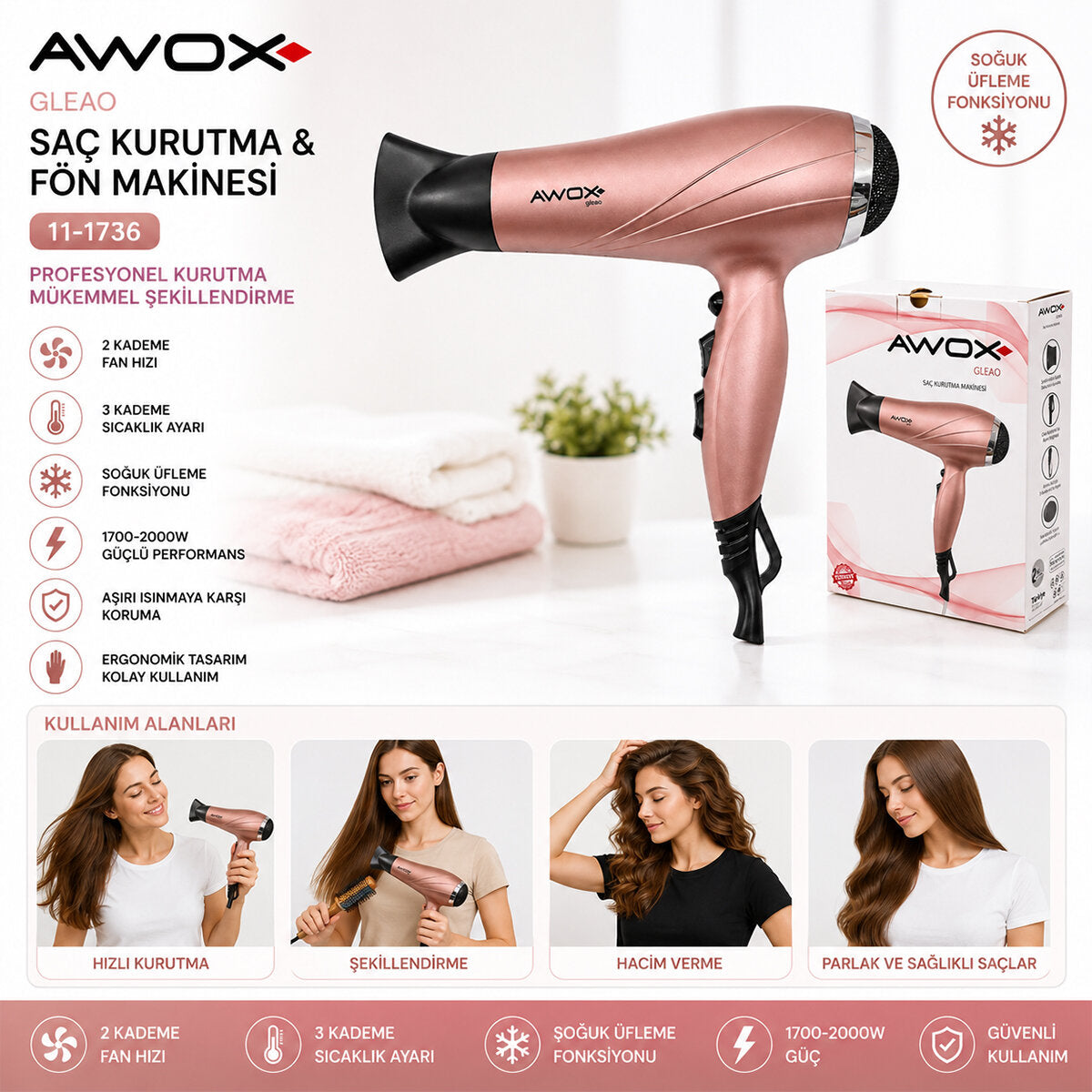 AWOX GLEAO ROSE-GOLD SAÇ KURUTMA - FÖN MAKİNESİ SOĞUK ÜFLEME 2 KADEME FAN - 3 KADEME SICAKLIK 2000W (5643)