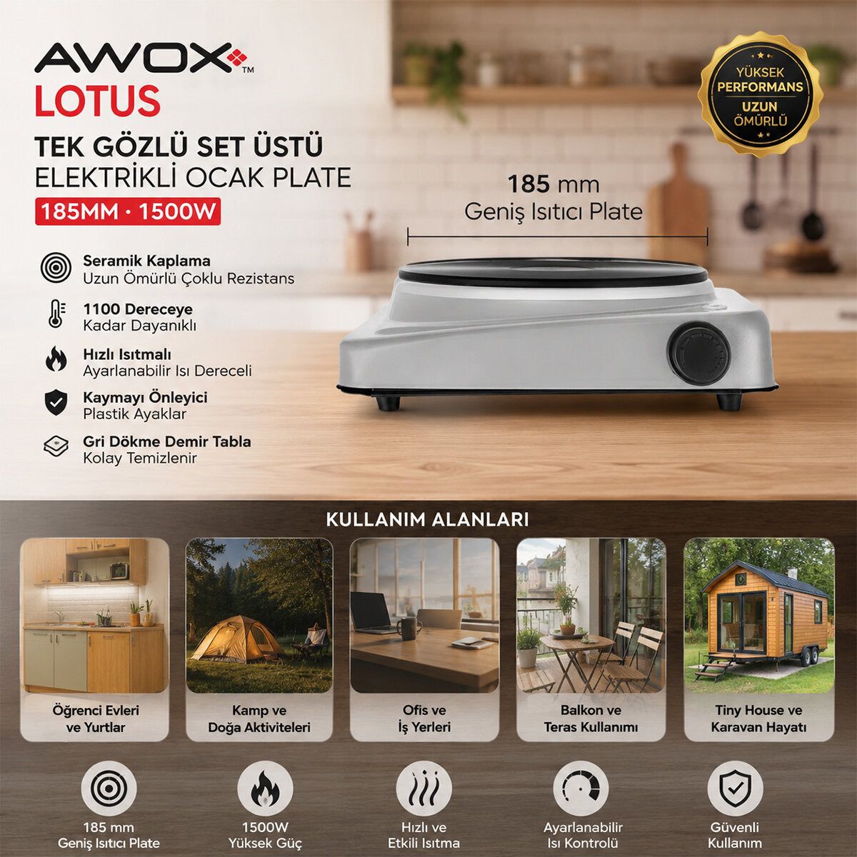 AWOX LOTUS TEK GÖZLÜ ELEKTRİKLİ OCAK PLATE 185MM.1500W (5643)