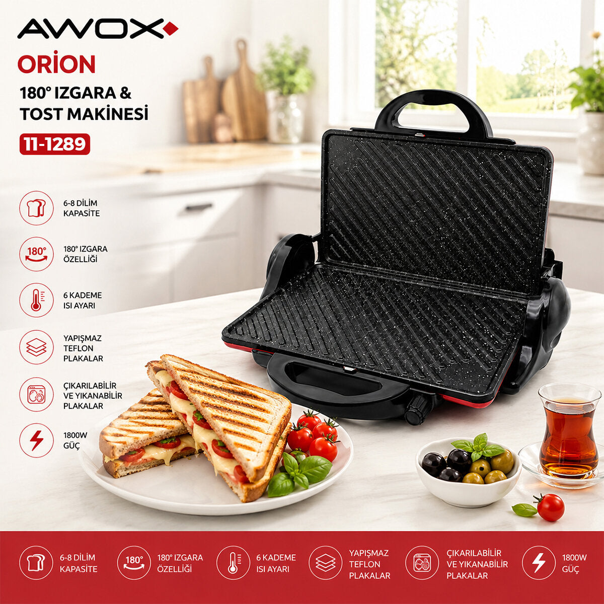 AWOX ORİON KIRMIZI 8 DİLİM ELEKTRİKLİ TEFLON TOST MAKİNESİ - 180° IZGARA 6 KADEME ISI AYARI 1800W (5643)