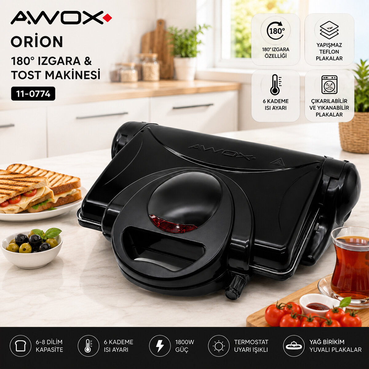 AWOX ORİON SİYAH TOASTER 8 DİLİM TOST MAKİNESİ - 180° IZGARA 1800W (5643)