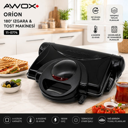 AWOX ORİON SİYAH TOASTER 8 DİLİM TOST MAKİNESİ - 180° IZGARA 1800W (5643)