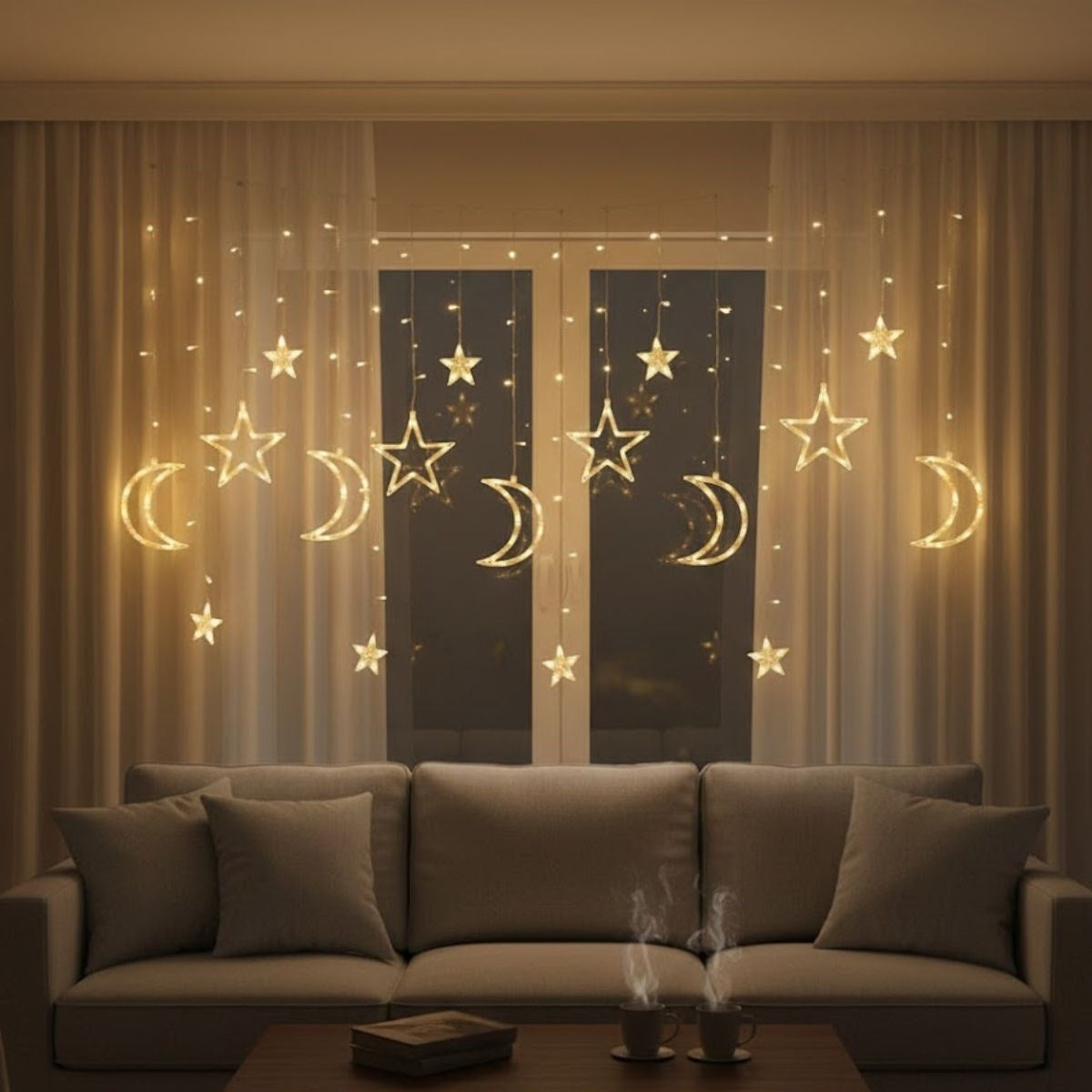Ay ve Yıldız Figürlü Kumandalı 12 Sarkıtlı 120 LED Dekor Işık – Dekoratif Ortam ve Masaüstü Aydınlatması (5643)