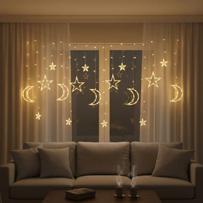 Ay ve Yıldız Figürlü Kumandalı 12 Sarkıtlı 120 LED Dekor Işık – Dekoratif Ortam ve Masaüstü Aydınlatması (5643)