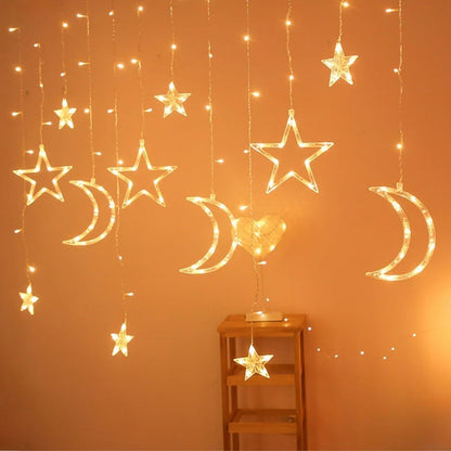 Ay ve Yıldız Figürlü Kumandalı 12 Sarkıtlı 120 LED Dekor Işık – Dekoratif Ortam ve Masaüstü Aydınlatması (5643)