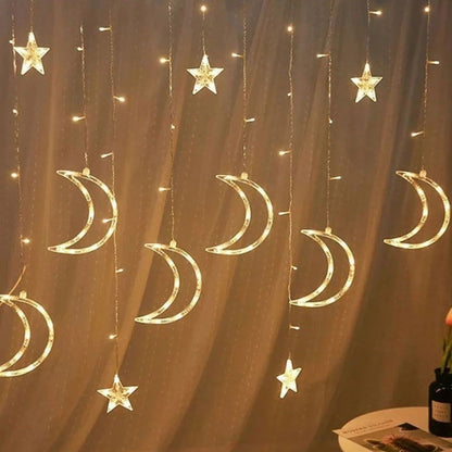 Ay ve Yıldız Figürlü Kumandalı 12 Sarkıtlı 120 LED Dekor Işık – Dekoratif Ortam ve Masaüstü Aydınlatması (5643)
