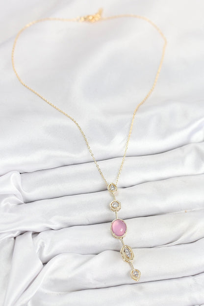 Pirinç Zincir Pembe Gold Renk Zirkon Taşlı Y Kolye