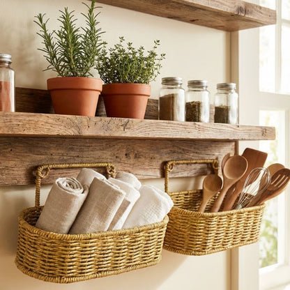 BUFFER® 2’li Duvar Askılı Plastik Rattan Organizer – Oval Hasır Görünümlü Mutfak Raf Sepeti, Banyo ve Ev İçi Düzenleme Ünitesi