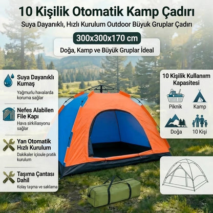 BUFFER® 10 Kişilik Otomatik Kurulum Kamp Çadırı – Outdoor, Suya Dayanıklı Hızlı Kurulum Piknik ve Doğa İçin Geniş Aile Çadırı 300x300x170 cm