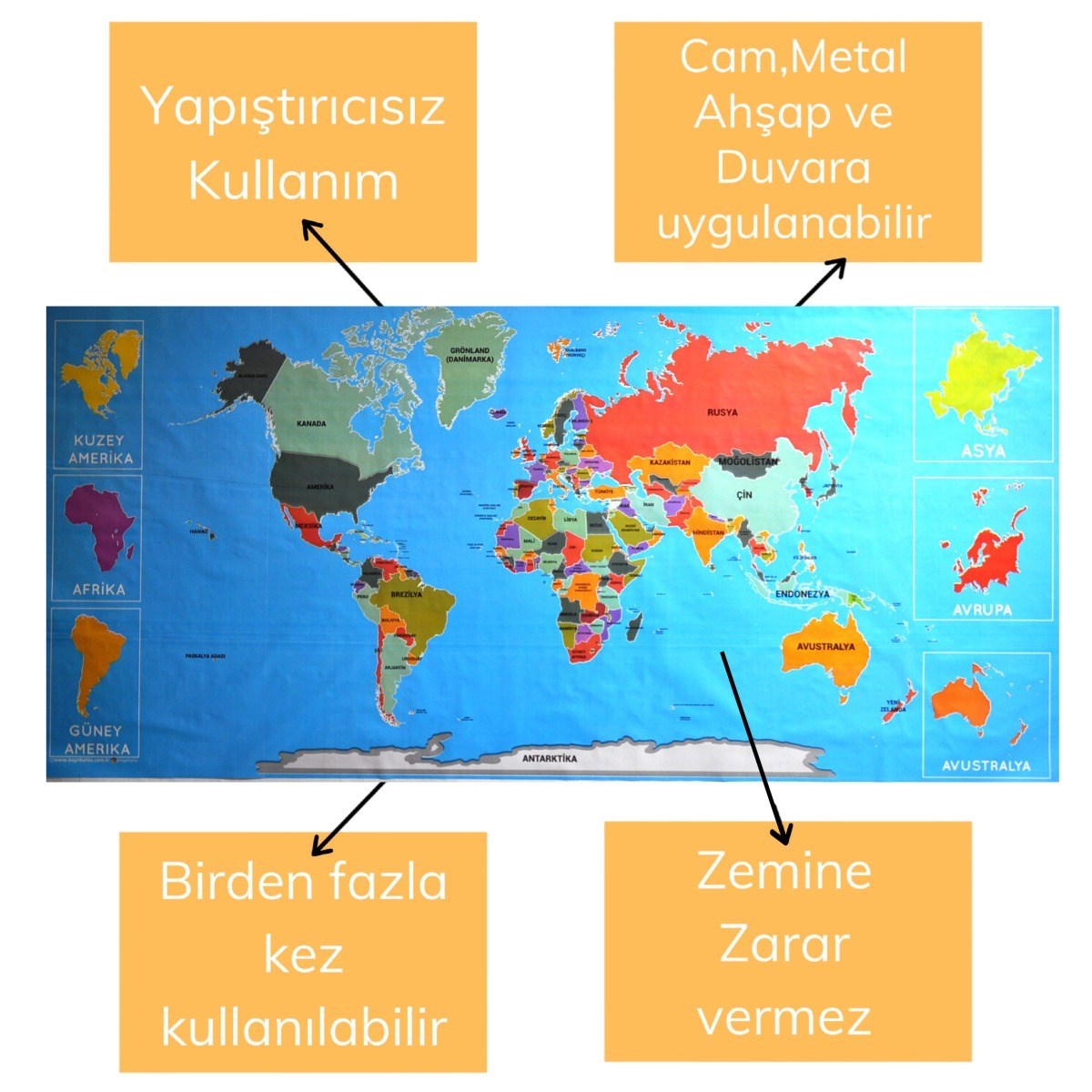 BUFFER® Renkli Atlas Dünya Haritası Manyetik Yapıştırıcı Gerektirmeyen Duvar Stickerı 118 CM * 56 CM