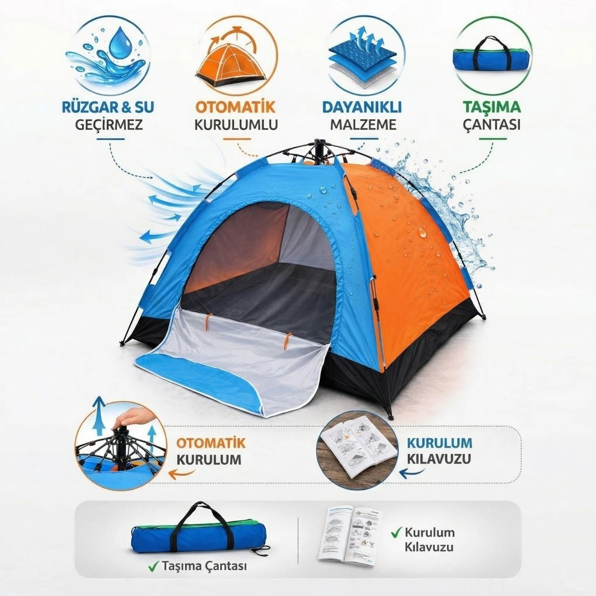 BUFFER® 8 Kişilik Otomatik Kurulum Kamp Çadırı – Outdoor, Suya Dayanıklı Hızlı Kurulum Piknik ve Doğa İçin Geniş Aile Çadırı 250x250x165 cm