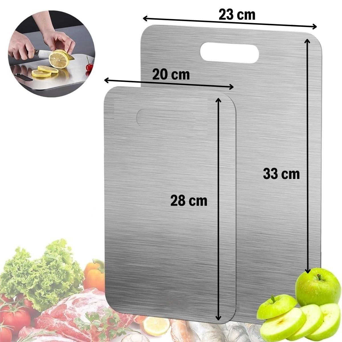 BUFFER® 2 Boy Paslanmaz Çelik Leke Tutmaz,Kırılmaz,Antibakteriyel,Elde ve Bulaşık Makinesinde Yıkanabilen Meyve,Sebze,Et,Tavuk Kesim Panosu