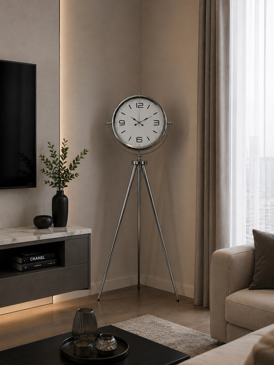 Krom Modern 150 x 45 Cm Metal Tripod Ayaklı Saat