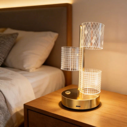 BUFFER® 3 Parça Silindirik Kristal Ekose Kareli LED Masa Lambası – Gold Gövdeli, Dokunmatik, 3 Kademe Işık Ayarlı Şarjlı Dekoratif Lamba