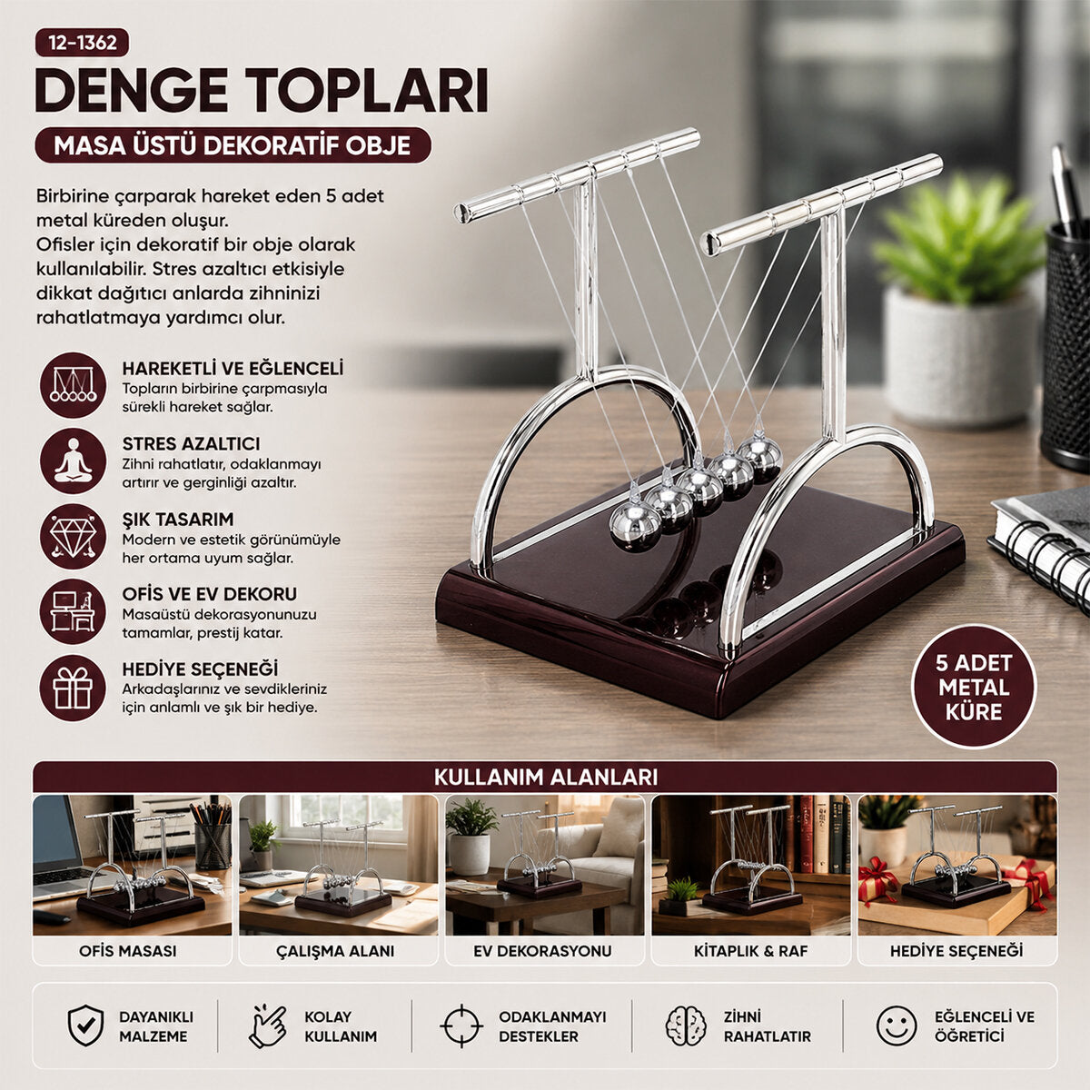 BALANCE BALLS BÜYÜK NEWTON - METAL DENGE TOPLARI MASA ÜSTÜ (5643)