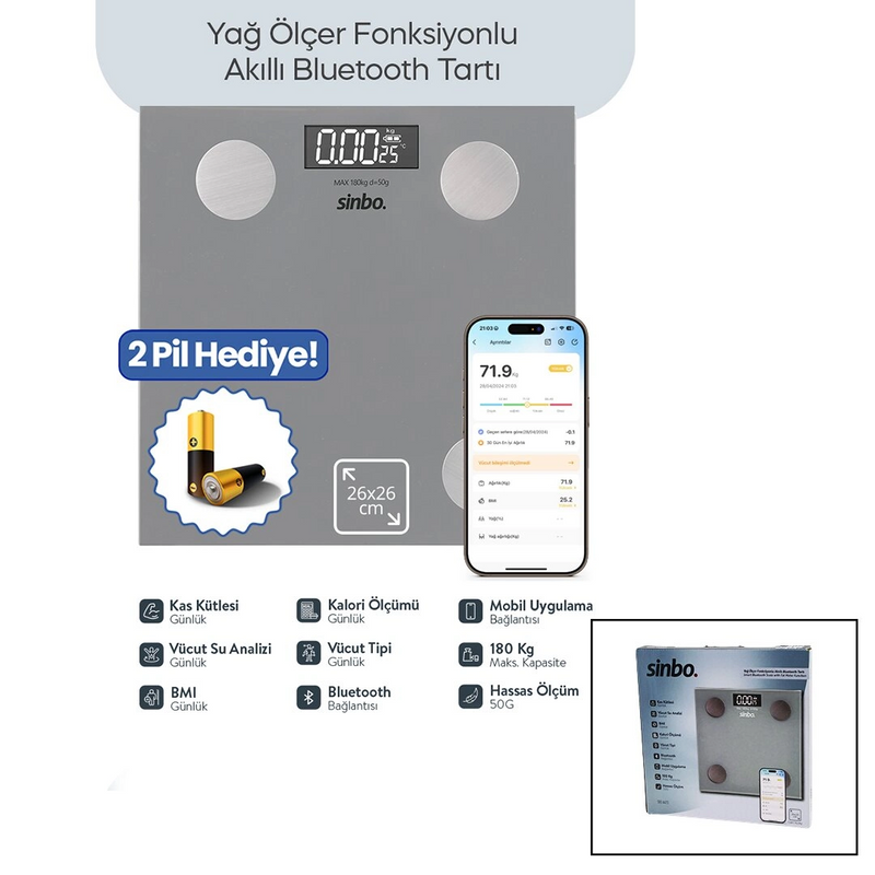 Baskül Gri Yağ Ölçer Akıllı Bluetooth Cam Baskül
