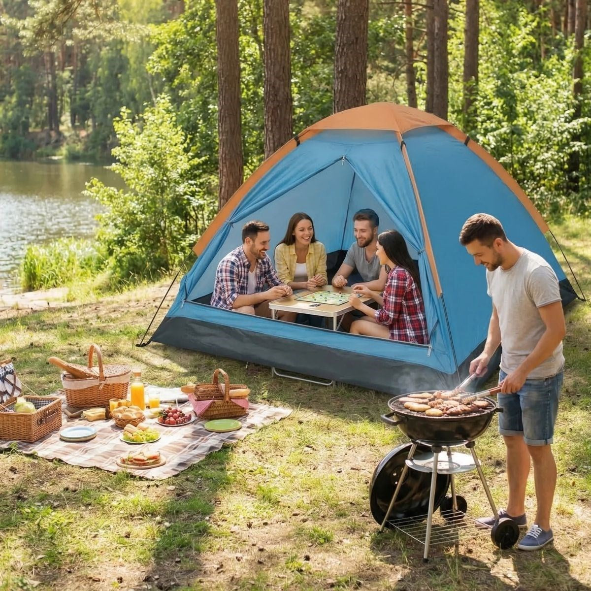 BUFFER® 4 Kişilik Kamp Çadırı Manuel Kurulum Düz Kapılı Outdoor Dayanıklı Kamp Doğa Çadırı 200 x 200 x 110 cm