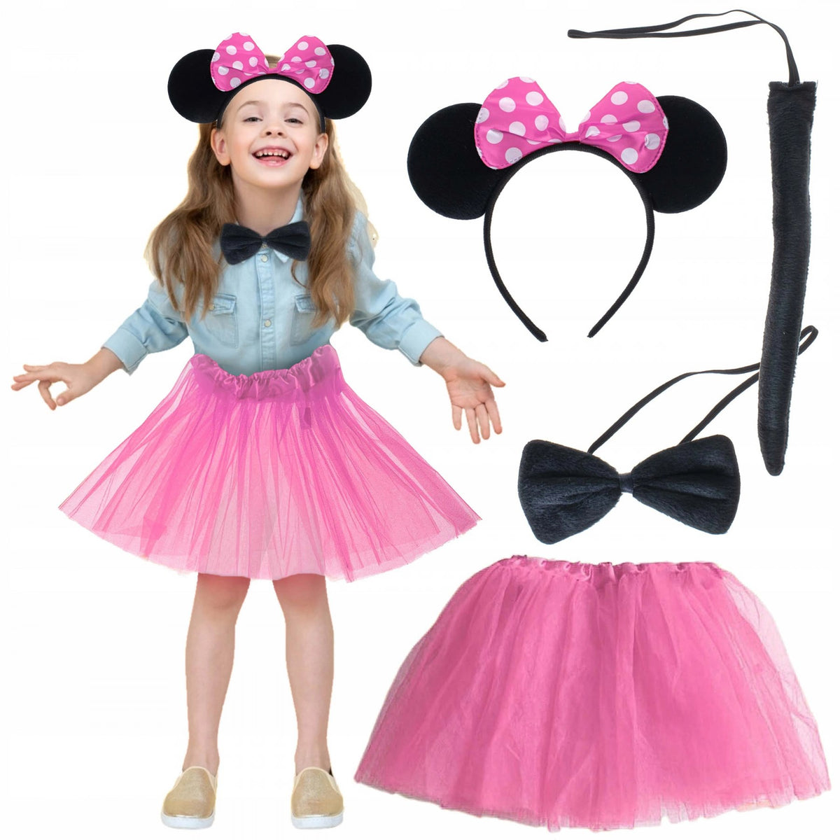 Minnie Kostüm Seti (Pembe Tütü Etek + Pembe Taç + Papyon + Kuyruk)