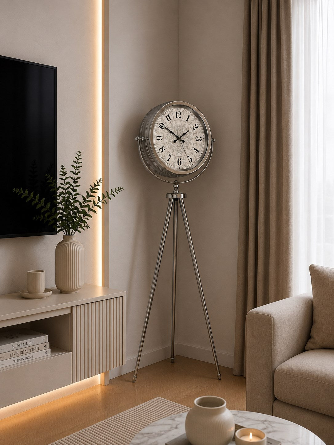 Krom Saltanat 150 x 45 Cm Metal Tripod Ayaklı Saat