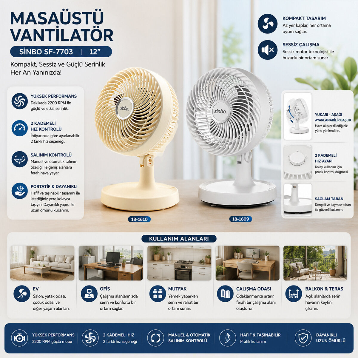 BEJ 12 INC EV - OFİS KOMPAKT - SESSİZ - İKİ KADEME MASAÜSTÜ VANTİLATÖR SF-7703 (5643)
