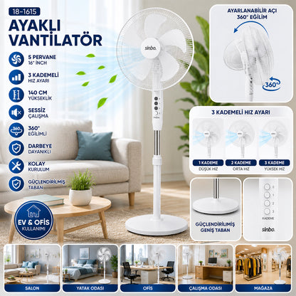 BEYAZ 5 PERVANE - 16 INC EV - OFİS KOMPAKT - SESSİZ - ÜÇ KADEME 140CM YÜKSEKLİK AYAKLI VANTİLATÖR SF-6789 (5643)