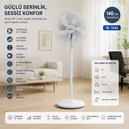 BEYAZ 5 PERVANE - 18 INC EV - OFİS KOMPAKT - SESSİZ - ÜÇ KADEME 140CM YÜKSEKLİK AYAKLI VANTİLATÖR SF-6798 (5643)
