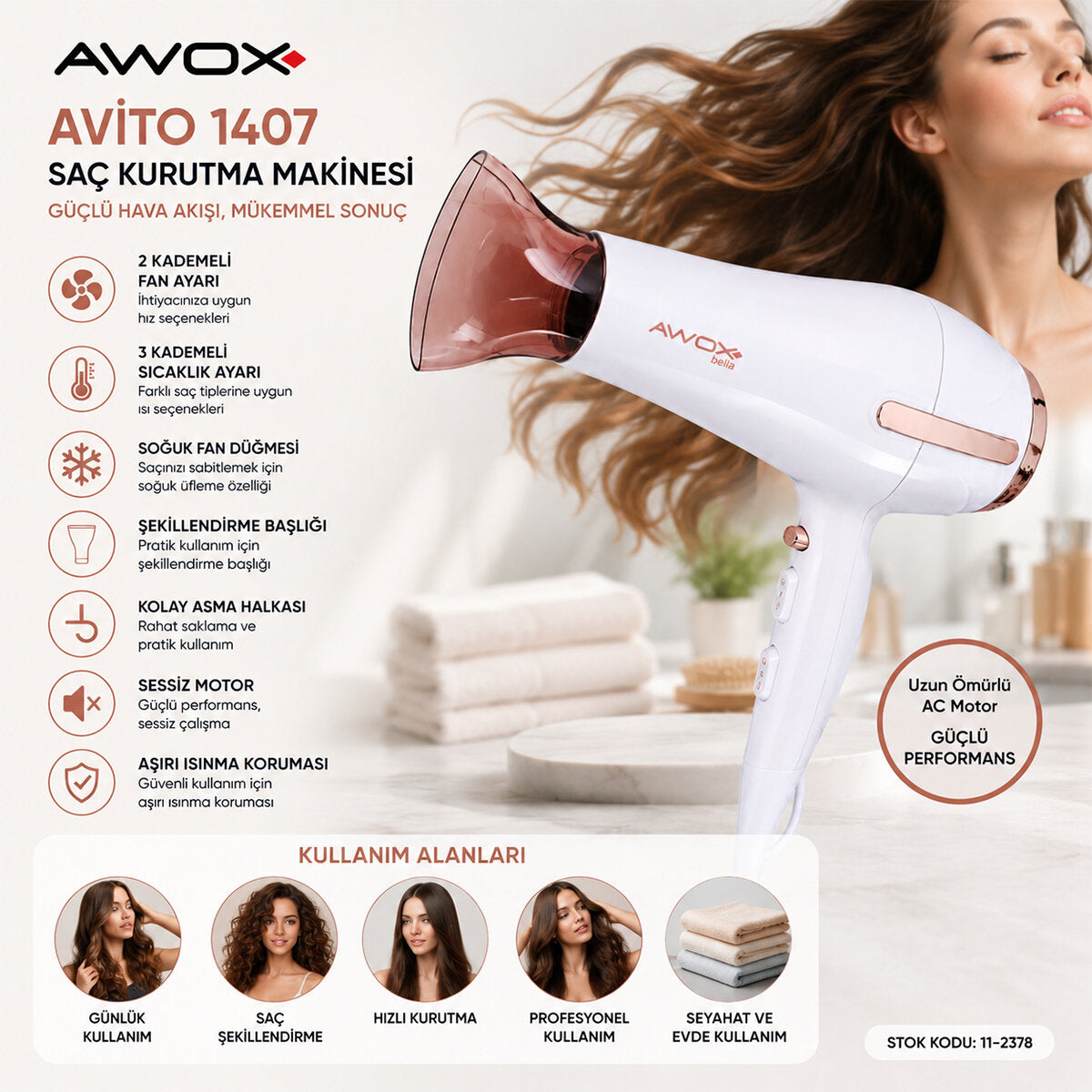 BEYAZ AVİTO SAÇ KURUTMA MAKİNESİ 2200W 1407 (5643)