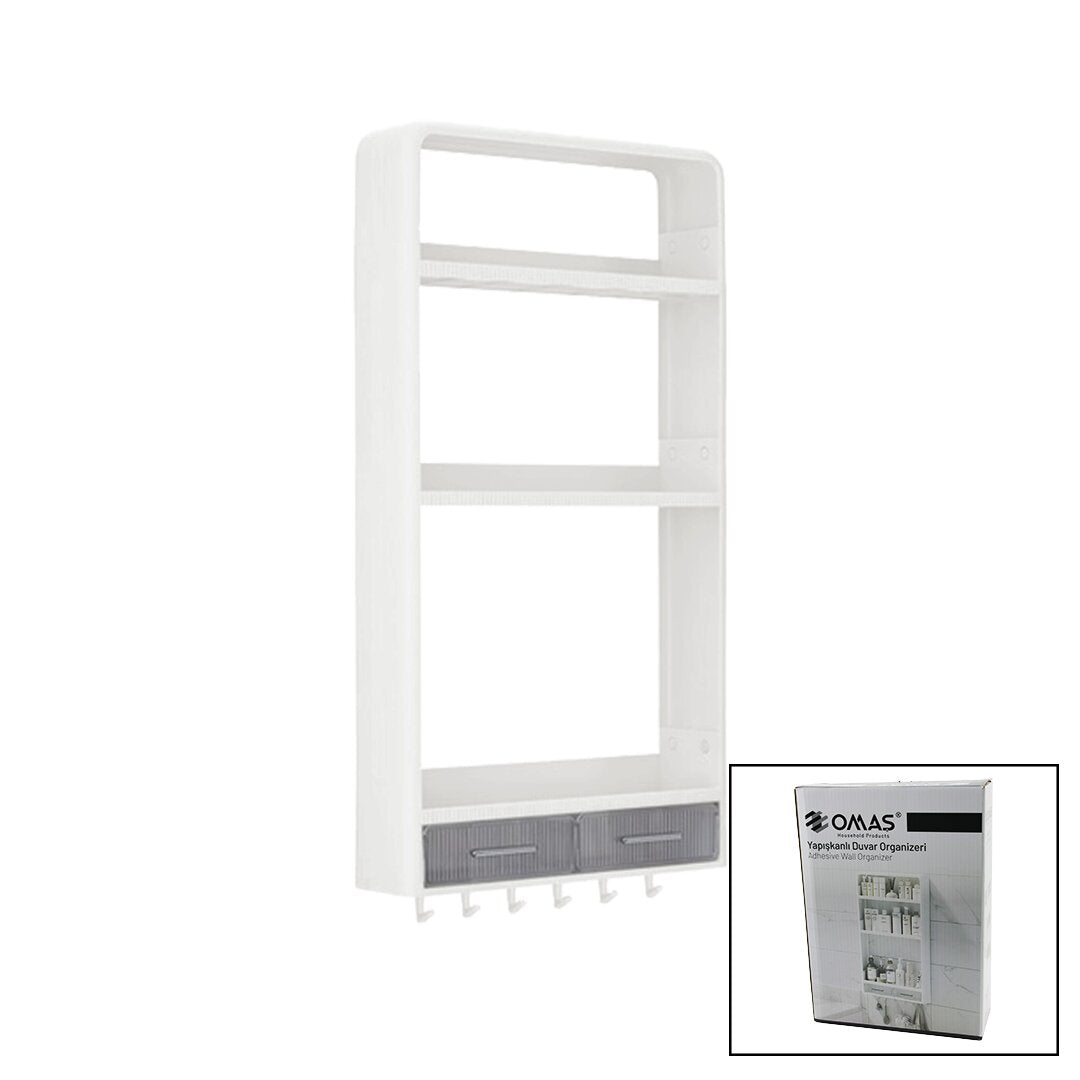 BEYAZ YAPIŞKANLI DUVAR ORGANİZERİ PLASTİK 3 RAF=14CM-19CM-30CM - 2 ÇEKMECE=40CM - 6 ASKI 19 PARÇA (5643)