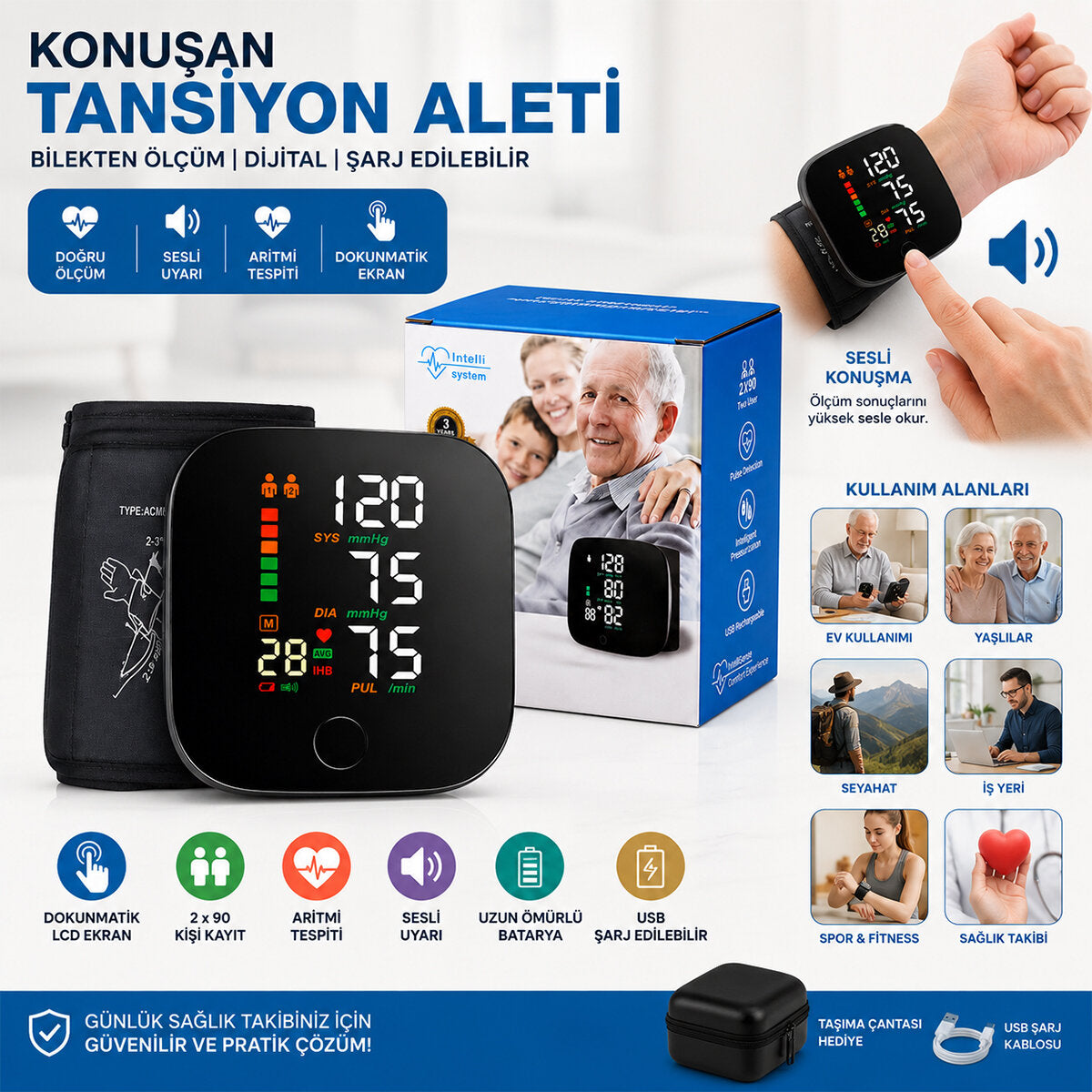 BİLEK ÖLÇÜM 7X8.3CM USB SARJLI - DİJİTAL KONUŞAN TANSİYON ALETİ BK-606 (5643)