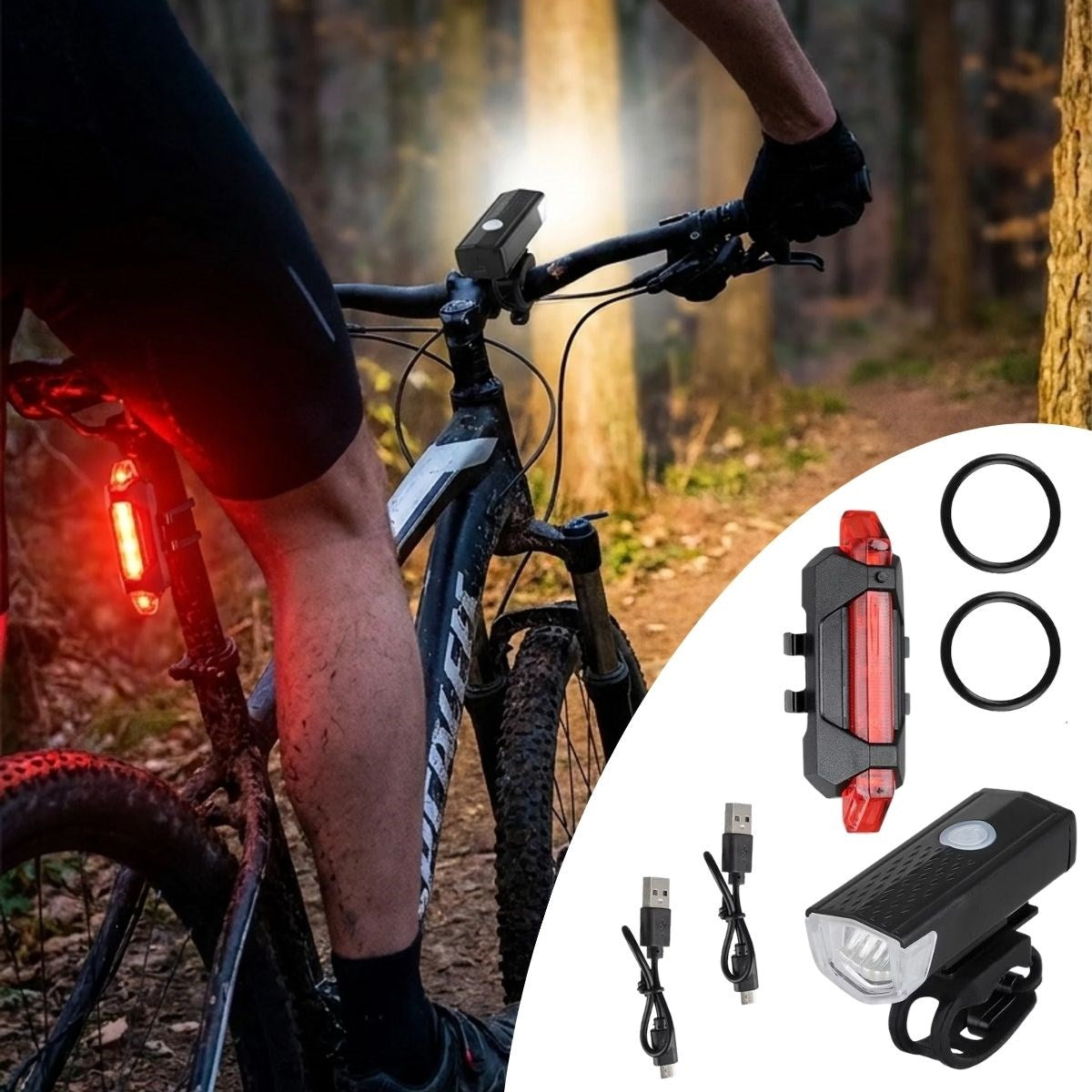 Bisiklet Işık Seti – USB Şarjlı LED Ön Far + Arka Stop Lambası, Su Geçirmez Bisiklet Aydınlatma Seti (5643)