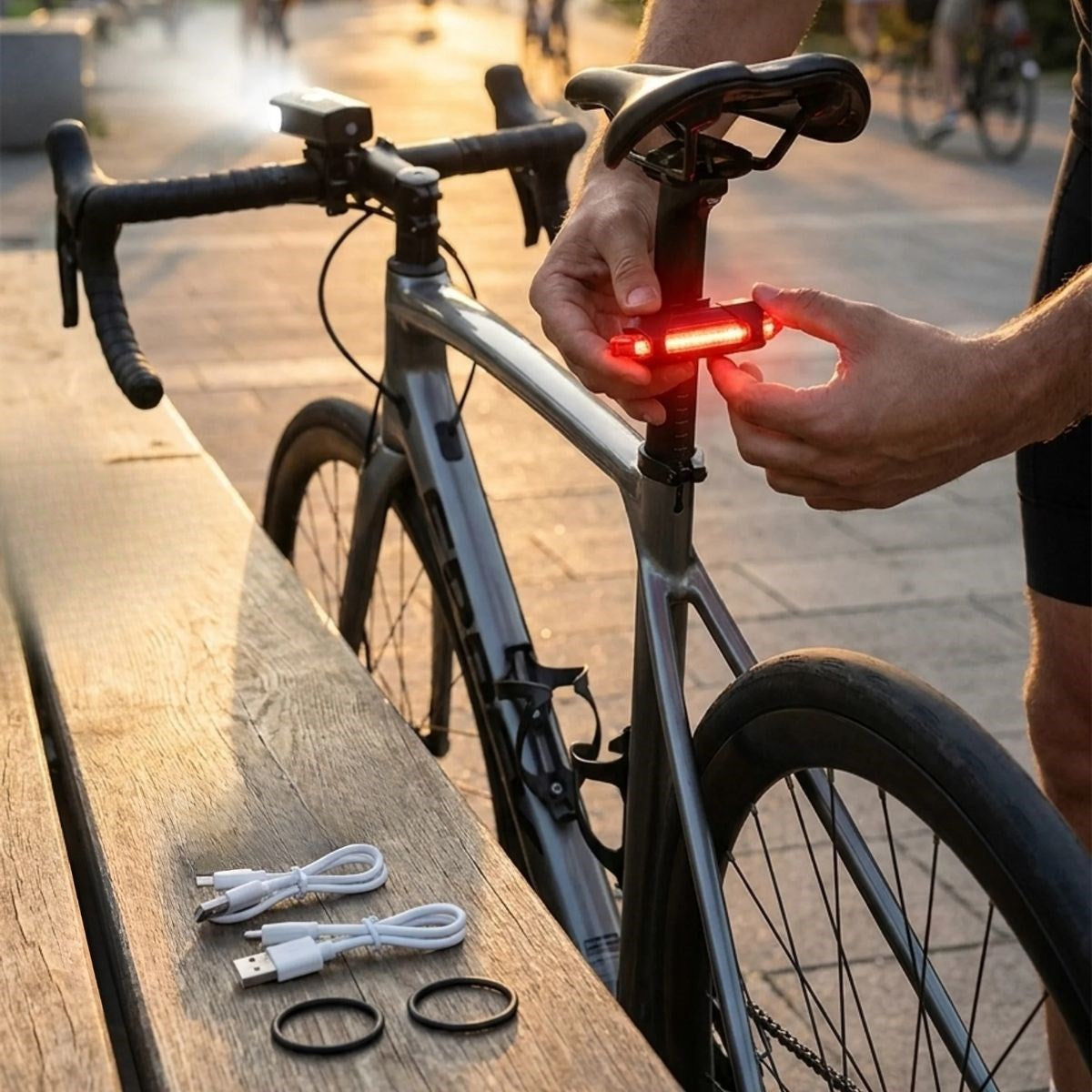Bisiklet Işık Seti – USB Şarjlı LED Ön Far + Arka Stop Lambası, Su Geçirmez Bisiklet Aydınlatma Seti (5643)
