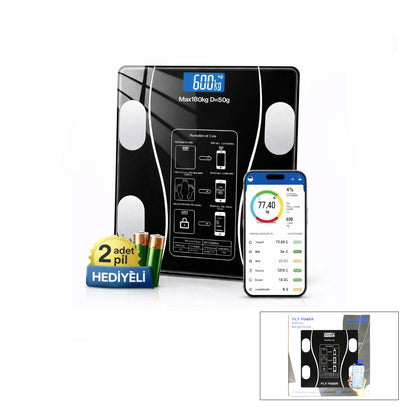 BLUETOOTH - VÜCUT ANALİZLİ DİJİTAL BASKÜL TERAZİ TARTI 180KG/50G YAĞ -SU -KAS ORAN -BMI (5643)