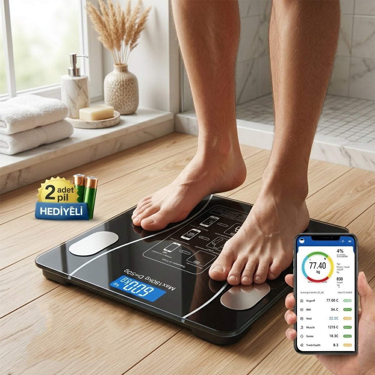 BLUETOOTH - VÜCUT ANALİZLİ DİJİTAL BASKÜL TERAZİ TARTI 180KG/50G YAĞ -SU -KAS ORAN -BMI (5643)