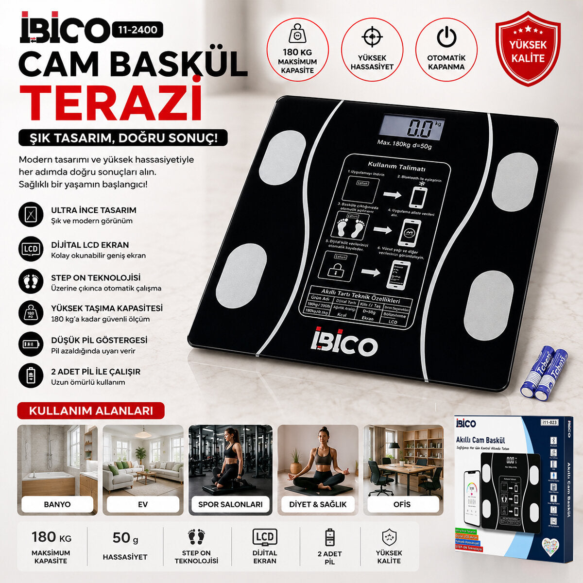 BLUETOOTH - VÜCUT ANALİZLİ DİJİTAL BASKÜL TERAZİ TARTI 180KG/50G YAĞ - SU - KAS ORAN - BMI İ11-023 (5643)