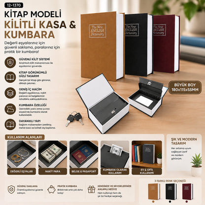BÜYÜK=180X115X55MM KİTAP MODELİ KİLİTLİ KASA - KUMBARA RENKLİ (5643)
