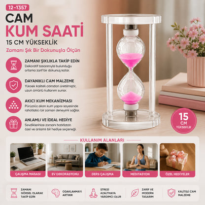 BÜYÜK CAM KUM SAATİ CAM STANDLI= ÇAP: 7.5CM-YÜKSEKLİK: 15CM (5643)
