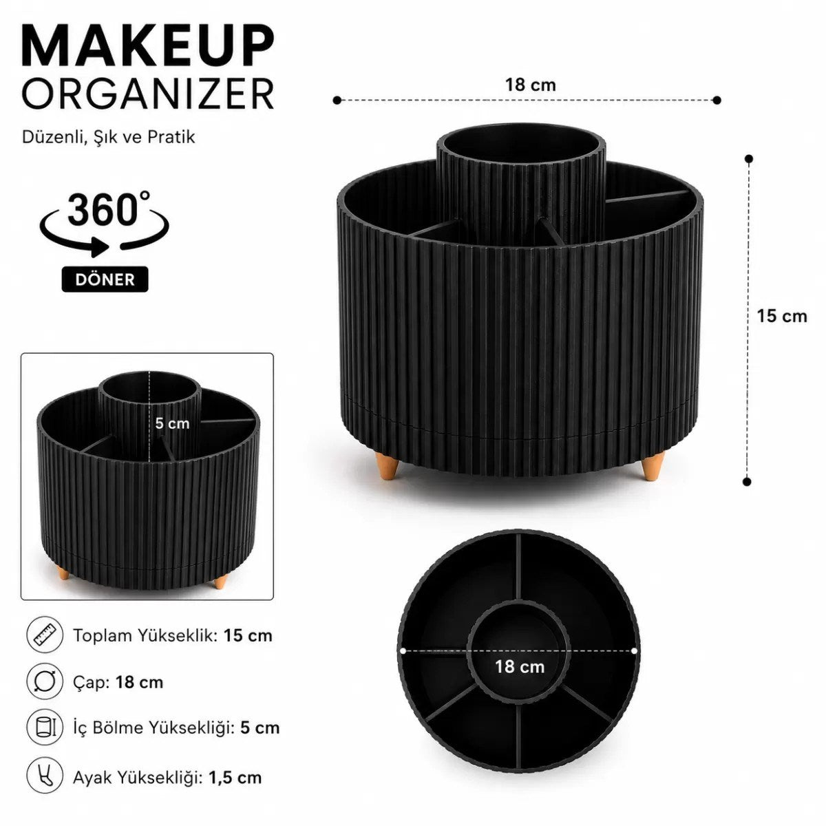 Masa Üstü Çok Amaçlı 360 Derece Dönen Organizer – Dekoratif Ürün 20x20 Cm Siyah