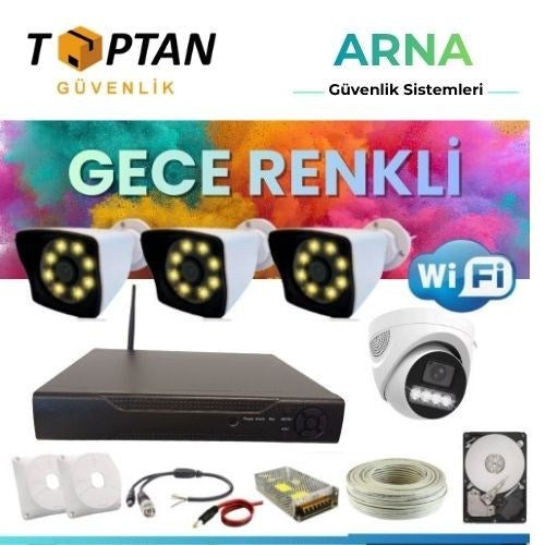 3 Dış 1 Iç 4 Kameralı Gece Renkli Wıfı Ozellikli 1 Tb HDD Dahil Güvenlik Kamera Seti
