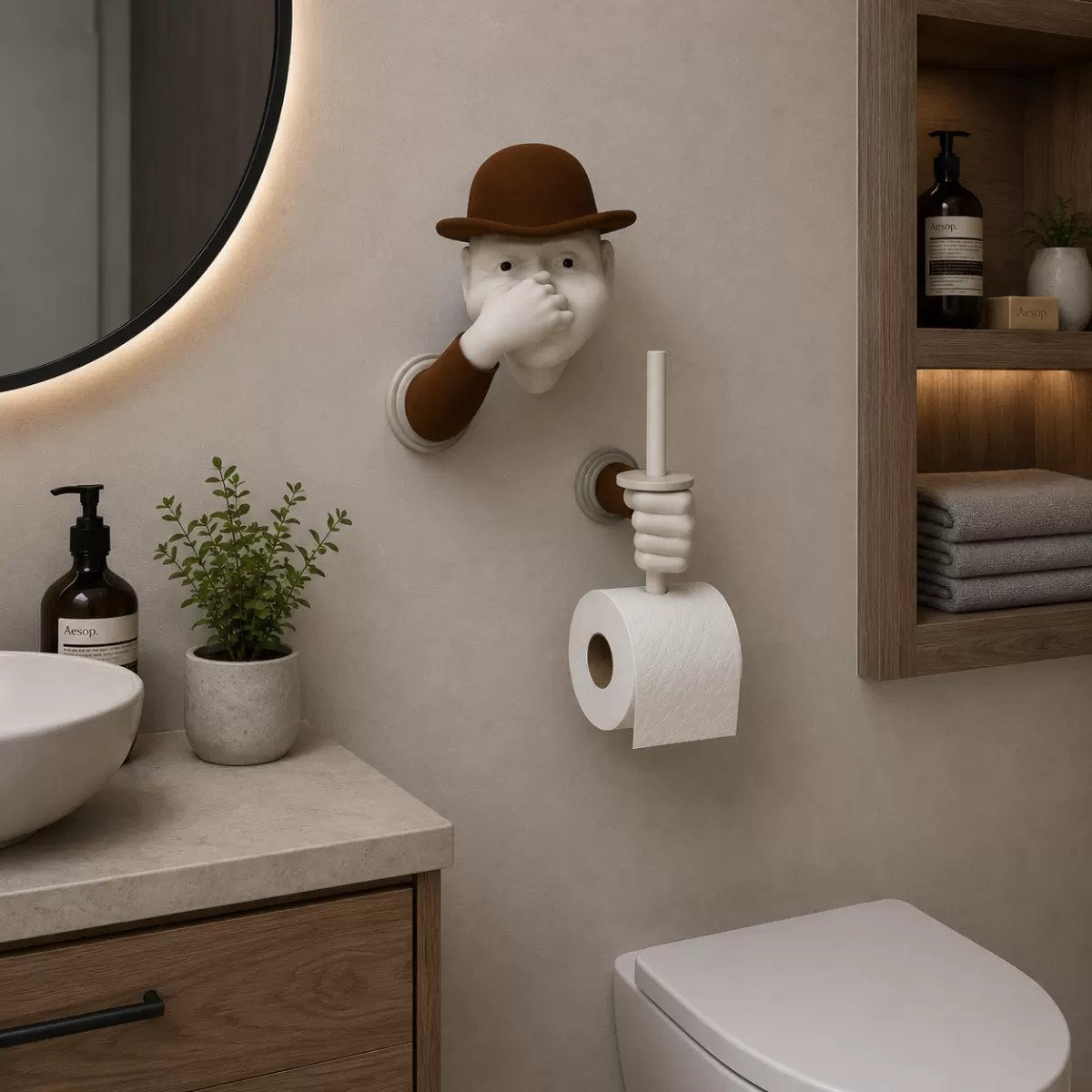 3d İnsan Figürlü Tuvalet Kağıdı Askılığı – Eğlenceli Banyo Dekoru Kahverengi