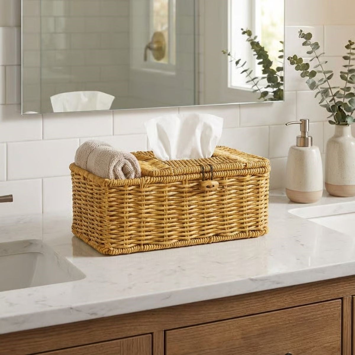 BUFFER® Bölmeli Kapaklı Doğal Rattan Görünümlü Hasır Makyaj, Takı ve Havlu Düzenleyici – Peçetelikli Çok Amaçlı Masaüstü Organizer Sepet