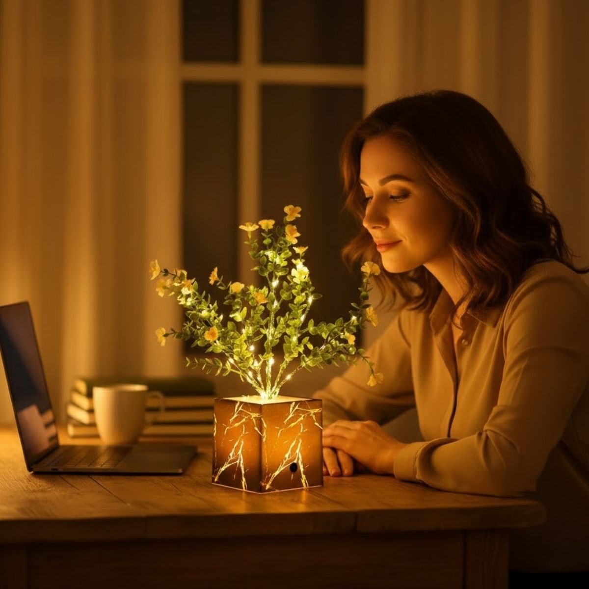 Işıklı Yapay Çiçek – Siyah Saksılı LED Dekoratif Bitki, Masaüstü ve Ev Ofis Aydınlatmalı Süs Bitkisi
