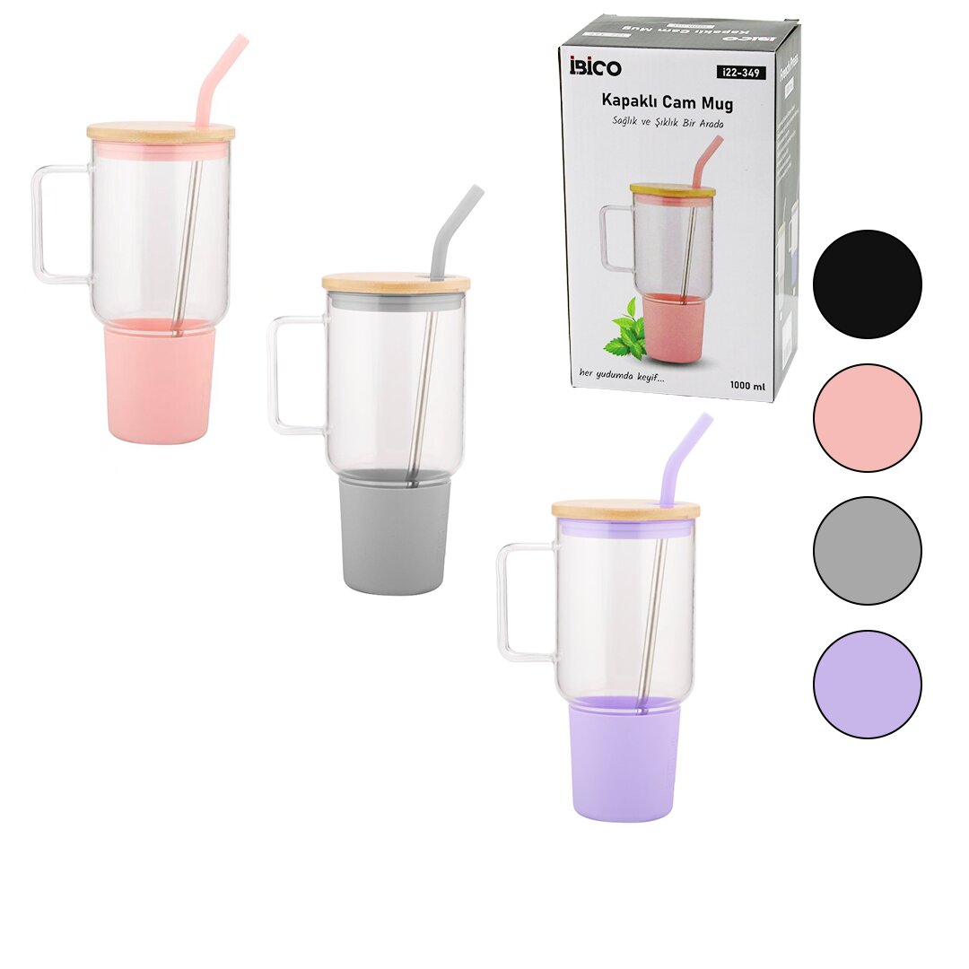 CAM 1000ML MATARA - SULUK BAMBU KAPAK - SIZDIRMAZ SİLİKONLU ÇELİK PİPET KORUYUCU SİLİKON ALTLIK - KILIF (5643)